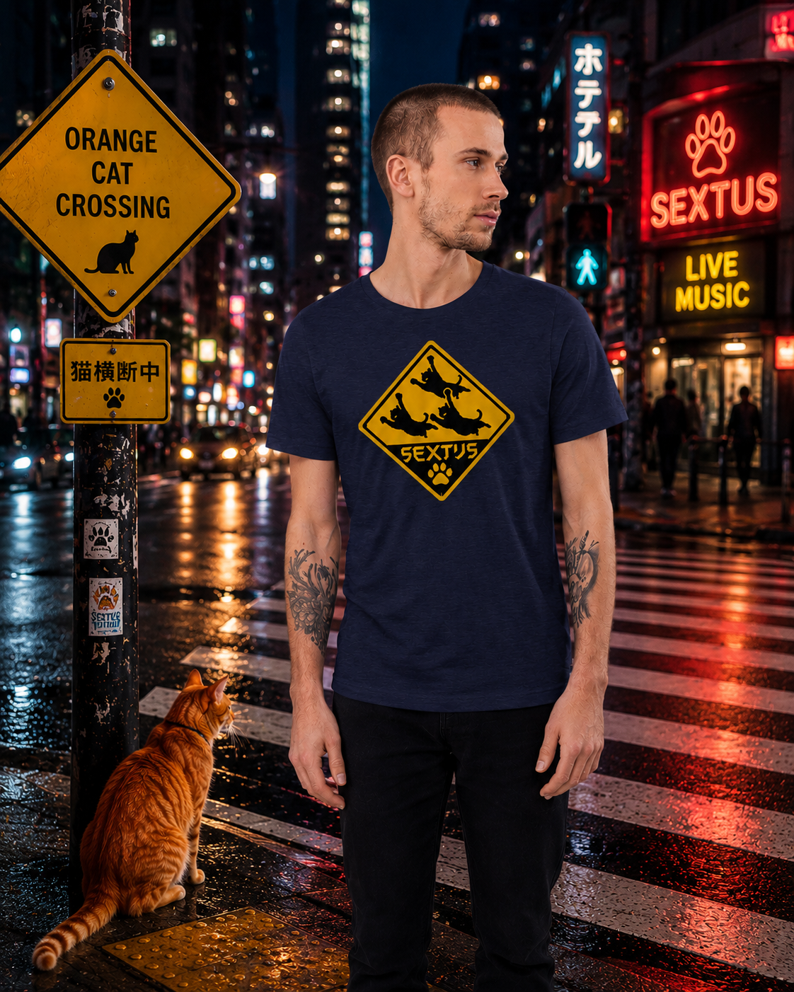SEXTUS Cat Crossing T Shirt